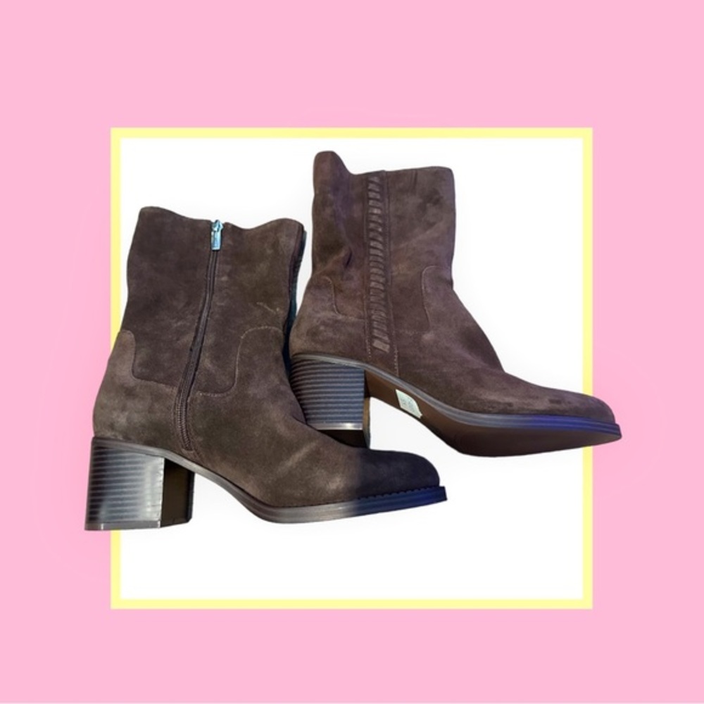 Vince Camuto block heel suede side zip braid detail.